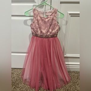 Like new, girls pink dress, floral embroidered top, beaded waist.